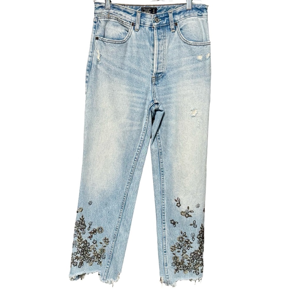 Abercrombie and Fitch Annie High Rise Straight Raw Hem Beaded Embroidered Jeans - Picture 3 of 13